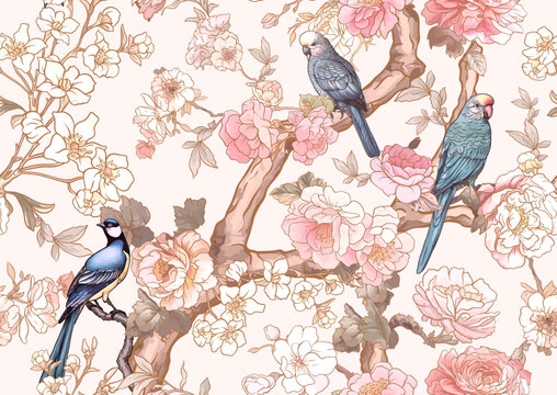 Blossom trees with sparrow and parrots Seamless pattern, background. Vector illustration. In Chinoiserie, botanical style