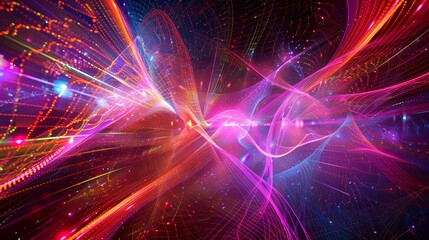 Fototapeta premium Abstract digital art depicting a swirling vortex of neon lights and glowing particles against a black background. The composition is energetic and evokes a sense of motion and dynamism.