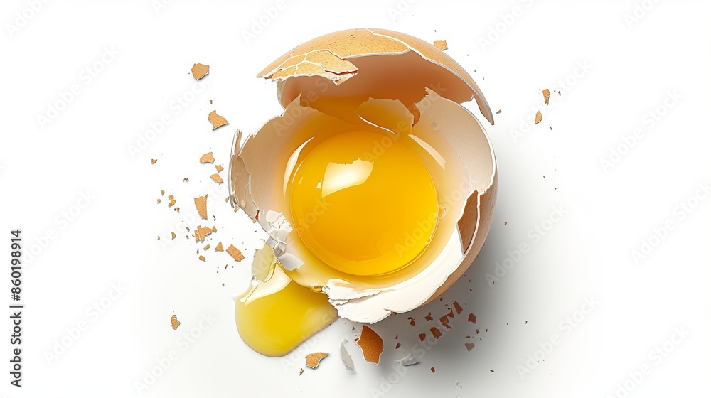 Sticker Close-up of a cracked brown egg with yolk visible inside, captured on a white background. Clean and minimalistic style, ideal for cooking, food preparation, and nutrition concepts. AI