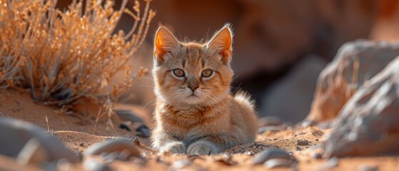red fox vulpes sitting on a rock, in the desert forest