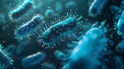 Microscopic view of bacteria in a blue liquid, representing a microscopic world.