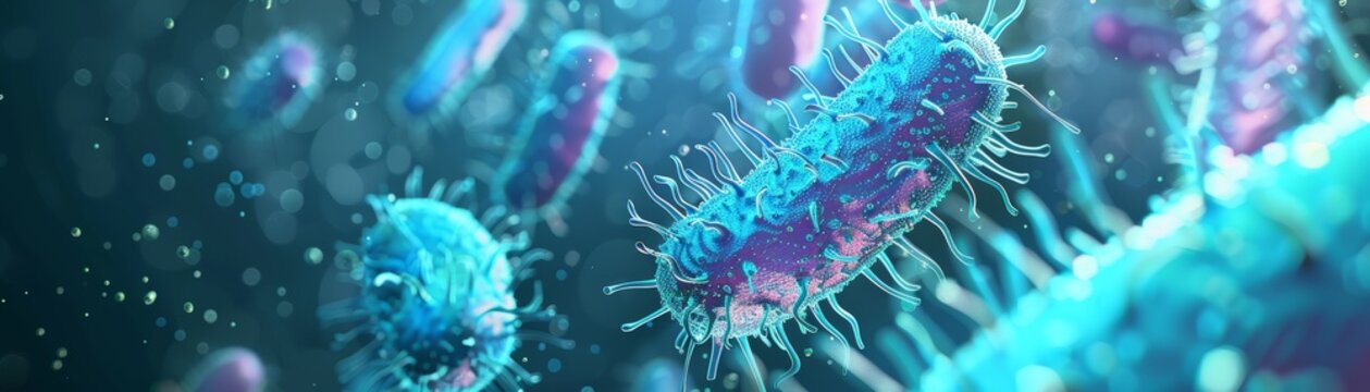 Microscopic view of vibrant blue and purple bacteria.