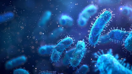 A microscopic view of blue bacteria or microbes swimming in a liquid.  The image is abstract, artistic, and can be used for medical or scientific themes.