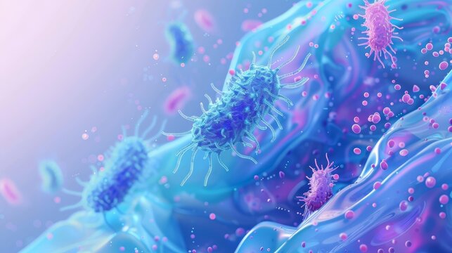 Abstract digital illustration of bacteria and viruses in a liquid environment.