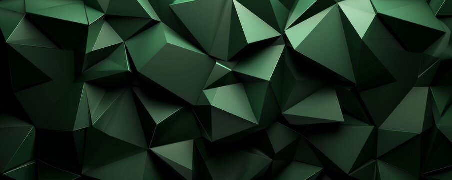 Abstract dark green geometric background with 3D polygons and triangles