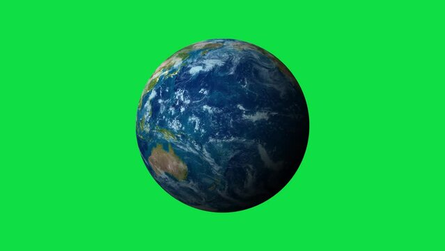 3D realistic Earth planet spinning on chroma key green screen alpha channel background. Rotation 360 degrees	