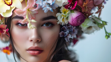 Naklejka premium Attractive brunette girl with big beautiful bouquet of flowers Beautiful white girl with flowers Pretty woman with bright makeup Art portrait with flowers : Generative AI