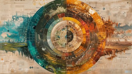 Fototapeta premium Detailed circular artwork divided into segments, each depicting different scenes and landscapes, The colors transition from cool blues to warm oranges, suggesting a progression or cycle. 
