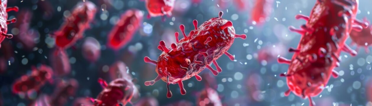 Microscopic red organisms in a blue liquid.