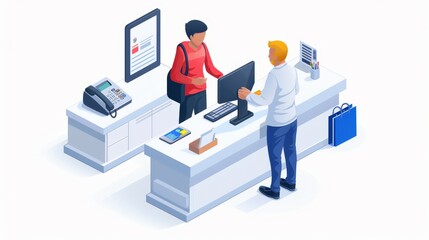 A woman is standing behind a desk and talking to a man