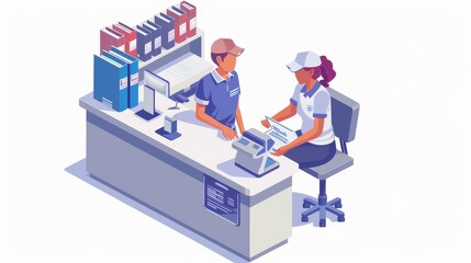 A woman is standing behind a desk and talking to a man