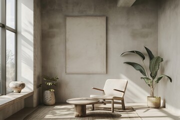 Fototapeta premium Minimalist Interior Design with a Single Chair and a Large Canvas