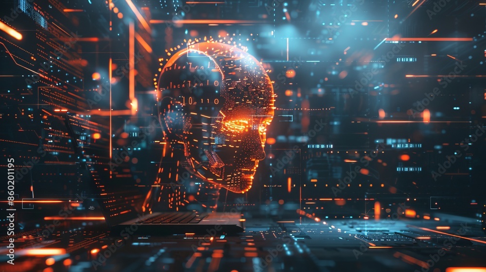 Wall mural Futuristic AI generated digital head. Abstract visualization of artificial intelligence in a tech style. Glowing lines and circuits show advanced artificial brain in cyber environment. AI