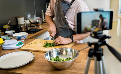 The chef is broadcasting live from workshop how to prepare a vegetarian lentils soup