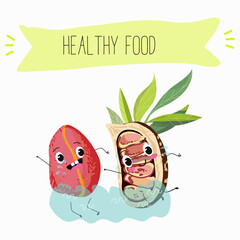 Cute cola nut characters, funny nuts, with different activities, outdoor, sports, musical instrument.