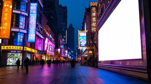 Create an image of a brightly lit, empty billboard with lights, situated in the bustling city center of Nanjing Road, Shanghai.