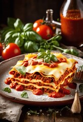 delicious layered lasagna rustic plate, baked, cheese, classic, cooked, cuisine, culinary, dining, dinner, dish, flavorful, food, fresh, gourmet, homemade