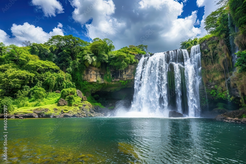 Wall mural majestic waterfall cascades through picturesque landscape captivating clouds paint serene outdoor sc