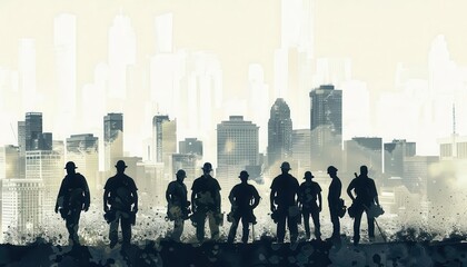An artistic rendition of a construction team silhouetted against the backdrop of a city skyline