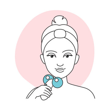 recommend clip art: Microcurrent therapy at home, girl holding roller massager for facial massage line icon vector illustration