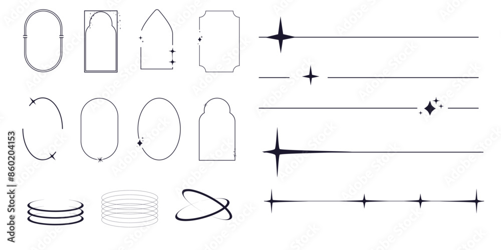 Sticker set of y2k minimal geometric frames and borders thin line rings, abstract aesthetic element illustra