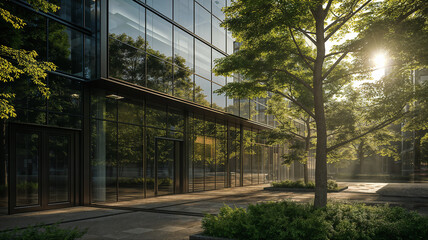 Obraz premium Exterior of a corporate office building made of glass and steel with green trees in the street
