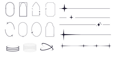  Set of y2k minimal geometric frames and borders thin line rings, abstract aesthetic element illustrated for banners, social media, poster design, sticker. Trendy frame, sparkles, star, lines