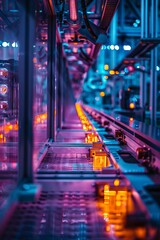 Futuristic Industrial Conveyor System with Neon Accents in a Modern Production Facility