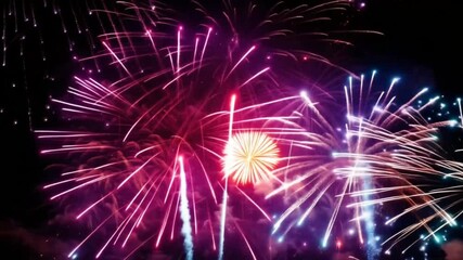 Spectacular green and blue fireworks illuminating the sky above a forest