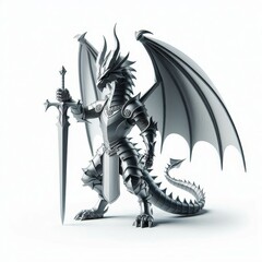 A silver dragon with a sword in its right hand