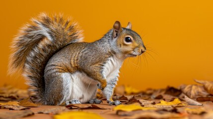 Obraz premium Cute Squirrel: a cute Squirrel isolated against an orange background. 