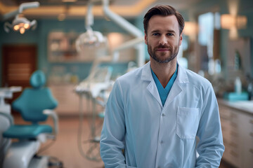 Obraz premium A confident dentist in a white coat stands in a modern dental office with bright lighting.