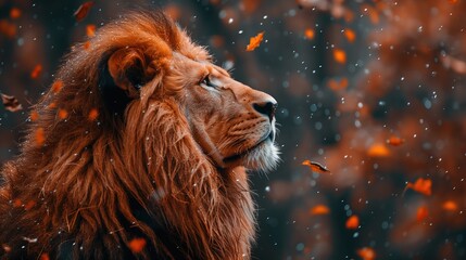 Majestic Lion with Flowing Mane in Autumn Leaves and Snowfall
