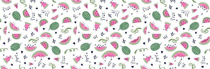 Cute watermelons. seamless pattern for summer background. Design for decor. Wrapping paper or banner. hand drawn vector illustration, flat style. Healthy natural vitamin food