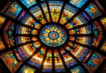 colorful sunlight filtering through intricate stained glass window, vibrant, pattern, design, beautiful, glowing, translucent, decorative, architecture, art