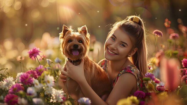 Portrait of happy young woman with terrier dog kneeling amidst flowers in park : Generative AI