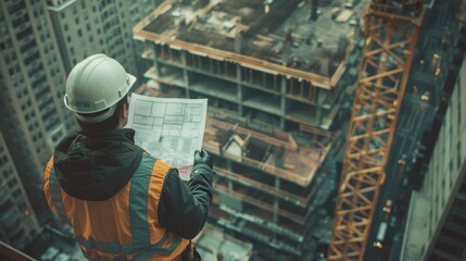 Engineer Examining Blueprints at Construction Site
