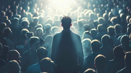 A leader standing out in a crowd with a spotlight on them, representing their distinctive leadership qualities and presence