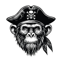  Pirate monkey  illustration.Vintage engraving isolated pirate monkey ink sketch. black and white hand drawn pirate monkey vector illustration