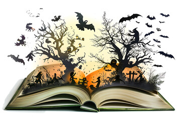 An open book of fairy tales with scary characters.