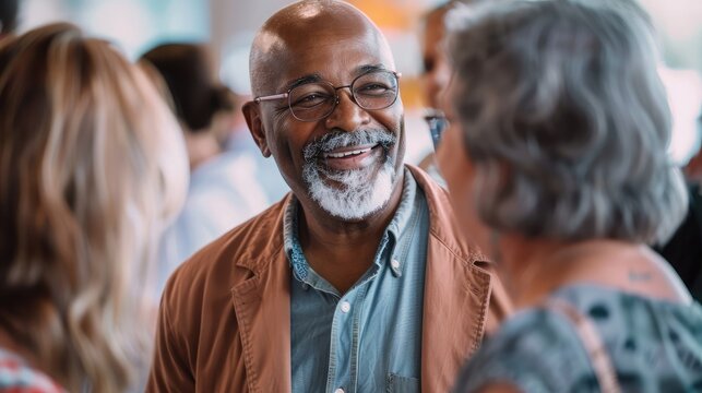 A leader at a charity event, interacting warmly with community members, emphasizing compassionate and unique leadership qualities