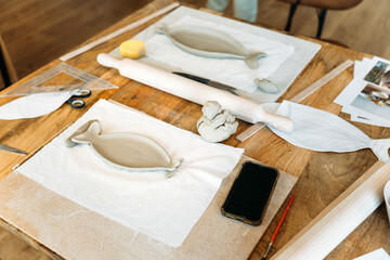 Ceramic workshop. Crafting pottery in a collaborative workshop