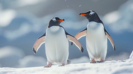 Naklejka premium A pair of penguins walking side by side on a snowy landscape