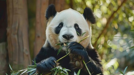 Fototapeta premium A panda munching on bamboo, looking content and relaxed