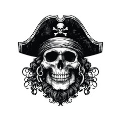 Fototapeta premium Pirate skull illustration.Vintage engraving isolated pirate skull ink sketch. black and white hand drawn pirate skull vector illustration