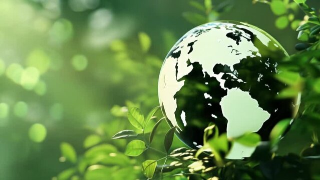 Rotating green planet with lush foliage symbolizing environmental conservation