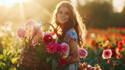 Naklejka premium Portrait of a young stylish woman stands with a basket full of colorful freshly picked up dahlias on rural flower farm on sunset : Generative AI