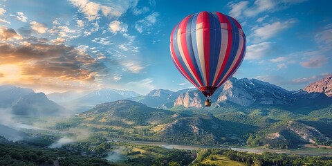Majestic Hot Air Balloon Over Breathtaking Mountain Landscape at Sunrise