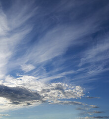 Fototapeta premium Morning, blue sky and clouds in outdoor with weather for humidity, climate change or environment. Empty, nature and air with skyline for heaven, clean ozone or condensation with natural atmosphere