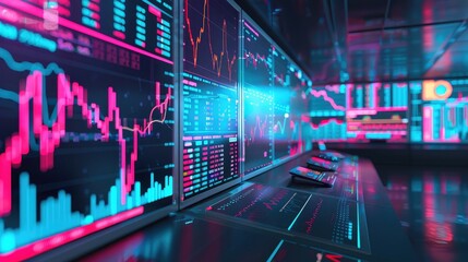 Obraz premium A stock market graph displayed on multiple monitors in a trading room, highlighting the importance of real-time data